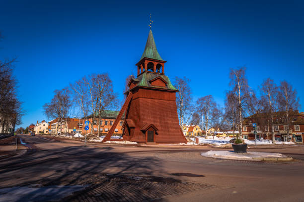 Mora - March 30, 2018: Wooden tower in the town of Mora in Dalarna, Sweden stock photo