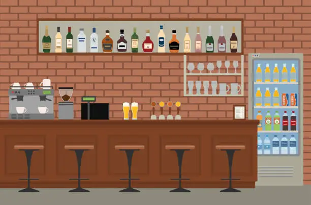 Vector illustration of Empty bar interior. Pub with wooden counter, chairs and equipment.