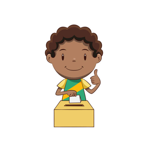 Boy voting Child voting, cute kid, ballot, making, suggest, box, holding, sheet of paper, polling, decision, election, political, suffrage, young man, boy, person, thumbs up, happy cartoon character, vector illustration, isolated, white background childrens franchise stock illustrations