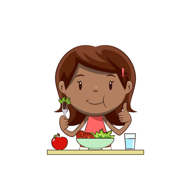 illustrazioni stock, clip art, cartoni animati e icone di tendenza di bambina che mangia insalata - white background healthy eating meal salad