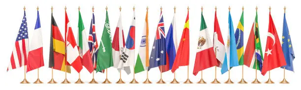 G20 meeting concept, row from flags of all members G20. 3D rendering isolated on white background