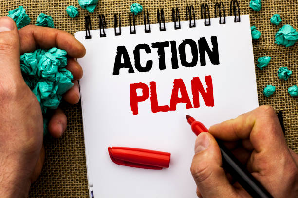 istock Conceptual hand writing showing Action Plan. Business photo text Strategy Operational Planning Procedure Activity Goal Objective written by Man Holding Marker on Notebook Book on jute background 944371746