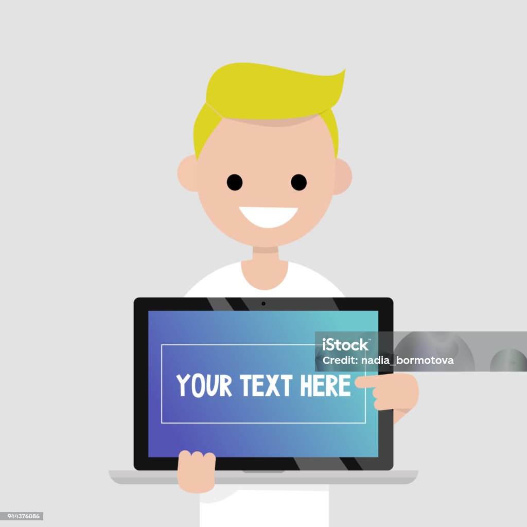 Your text here. Smiling millennial character pointing on the laptop screen / flat editable vector illustration, clip art Adult stock vector