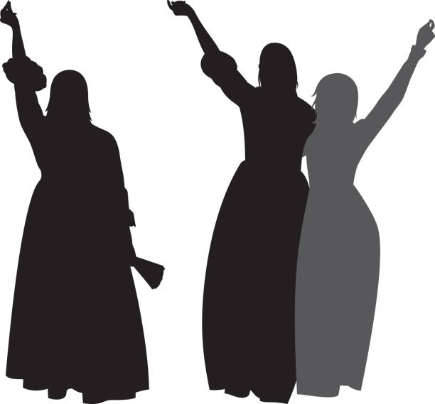ilustrações de stock, clip art, desenhos animados e ícones de women in dresses with arms raised silhouettes - three people women teenage girls friendship