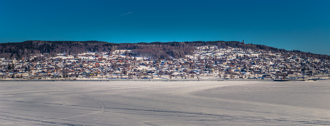 Rattvik - March 30, 2018: Panorama of the frozen lake Siljan in Rattvik, Dalarna, Sweden