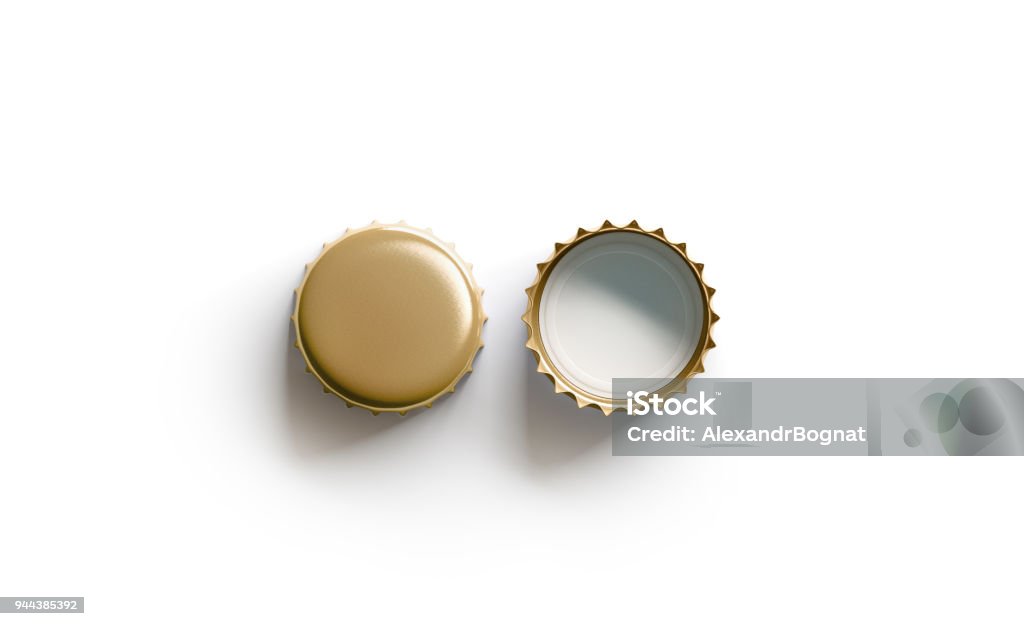 Blank white golden beer lid mockup, top view, front and back side Blank white golden beer lid mockup, top view, front and back side, 3d rendering. Empty metal soda cap mock up design template. Clear bottle cover isolated. Bottle Cap Stock Photo