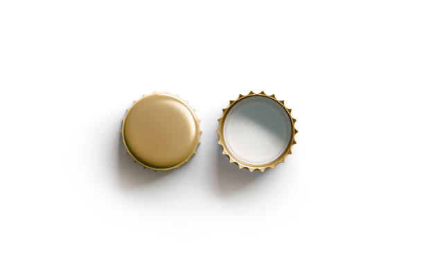 Blank white golden beer lid mockup, top view, front and back side Blank white golden beer lid mockup, top view, front and back side, 3d rendering. Empty metal soda cap mock up design template. Clear bottle cover isolated. stopper stock pictures, royalty-free photos & images