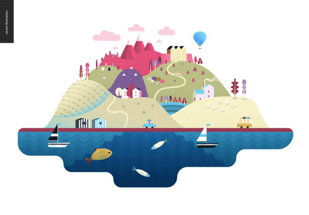 волшебный летний ландкапе - mountain sea house landscape stock illustrations
