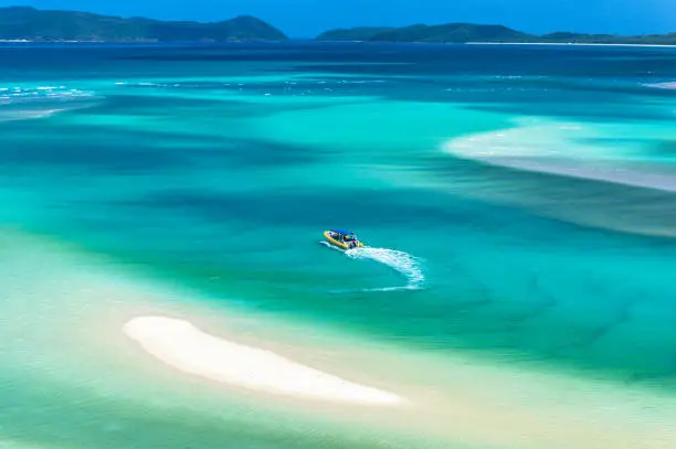 Photo of Aerial view of rafting boat on turquoise blue water