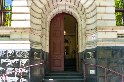 Melbourne, Australia - December 7, 2016: Melbourne Supreme court Court of Appeal building entrance with open doors