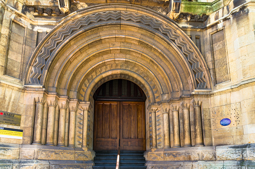 Melbourne, Australia - December 7, 2016: Melbourne City Court building with massive arch entrance