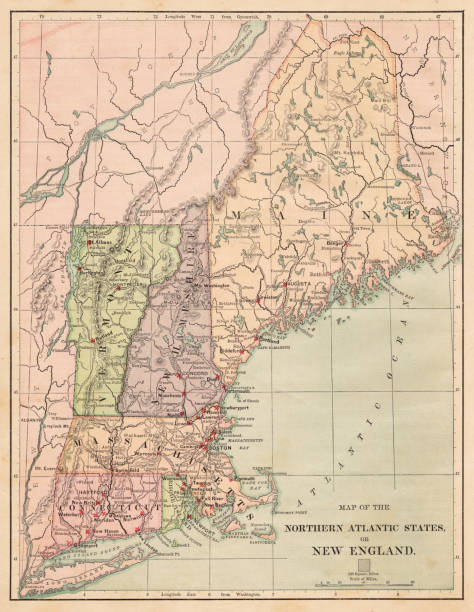 ilustraciones, imágenes clip art, dibujos animados e iconos de stock de estados de atlántico norte de estados unidos 1881 - map cartography connecticut drawing