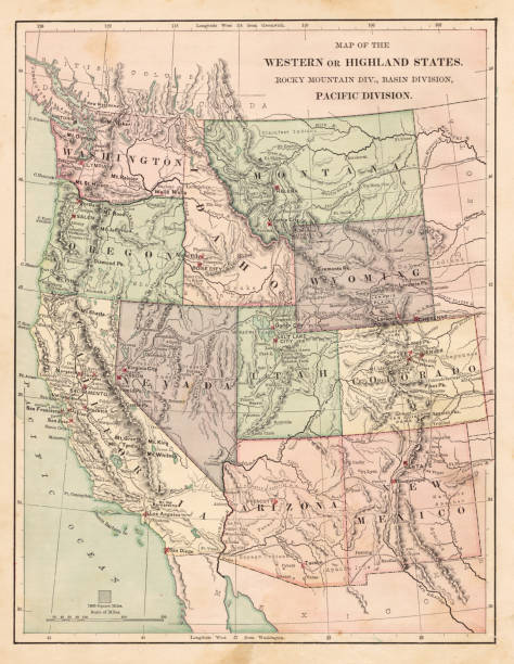тихоокеанские государства сша карту 1881 - montana map usa old stock illustrations