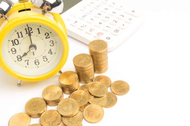 istock Alarm clock with coin for growing isolated on white background 944401810