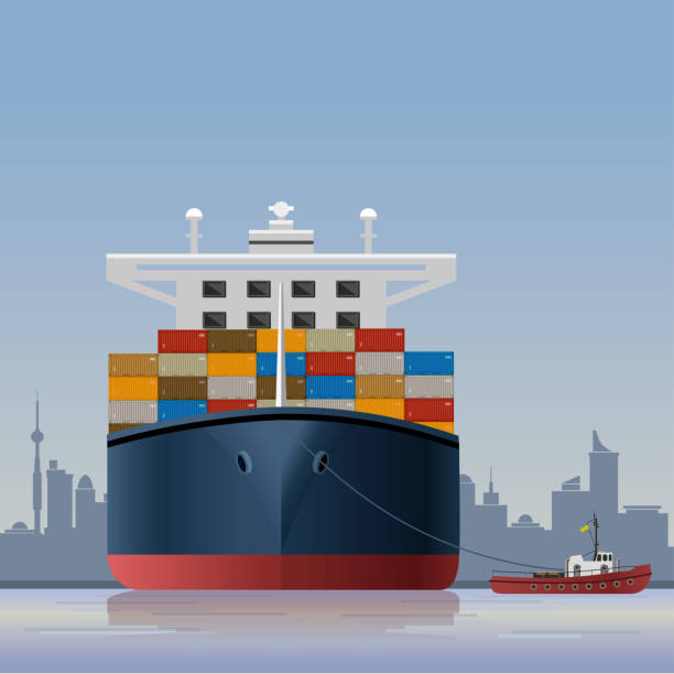 ilustrações, clipart, desenhos animados e ícones de navio cargueiro e rebocador - container ship tugboat nautical vessel pulling