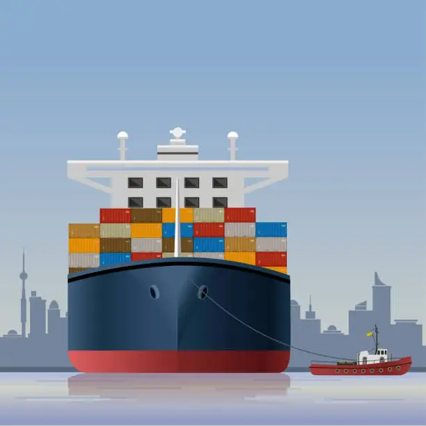 Vector illustration of Container ship and tugboat