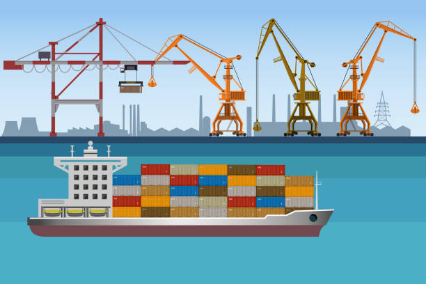 항구 풍경 벡터 - panama canal panama container ship industrial ship stock illustrations