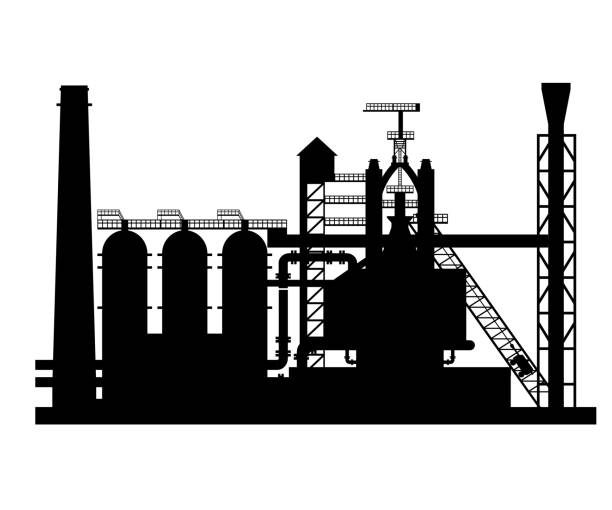 Silhouette of the blast furnace Silhouette of the blast furnace shop. Vector illustration isolated on white background steel mill stock illustrations