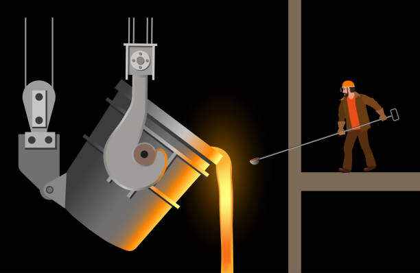 Steelmaker near the steel casting ladle Steelmaker near the steel casting ladle. Vector illustration isolated on black background steel mill stock illustrations