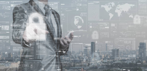 istock Business man in grey suit point on lock icon, data security concept, big data management conceptual 944406724