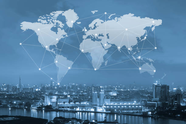 City with world map and conneting line, globalization conceptual, industrial network communication concept stock photo