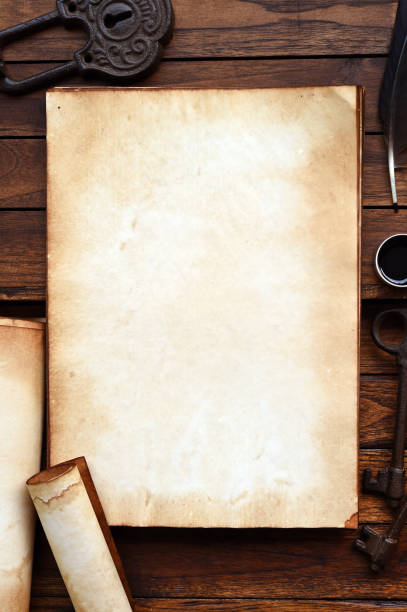 istock old paper on brown wood texture with feather and ink 944428376