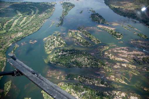 An aerial view of the Zambezi River near Victoria Falls.