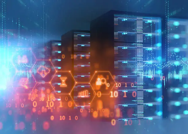 3D illustration of server room in data center full of telecommunication equipment,concept of big data storage and  cloud 
computing technology.