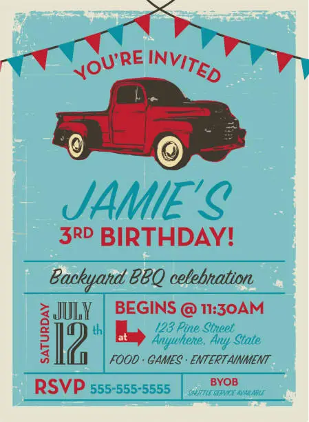 Vector illustration of Birthday party invitation design template with vintage truck Invitation design template