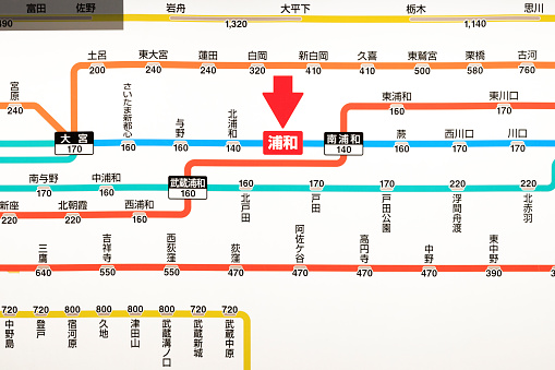 Urawa, Satitama, Japan-April 2, 2018: Board of fare and route chart: Board of fare and route chart of East Japan Railway Company in Urawa ward.