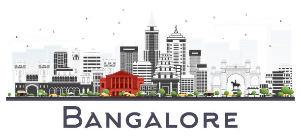 회색 건물 흰색 절연 방갈로 르 인도 도시의 스카이 라인. - bangalore india business building exterior stock illustrations
