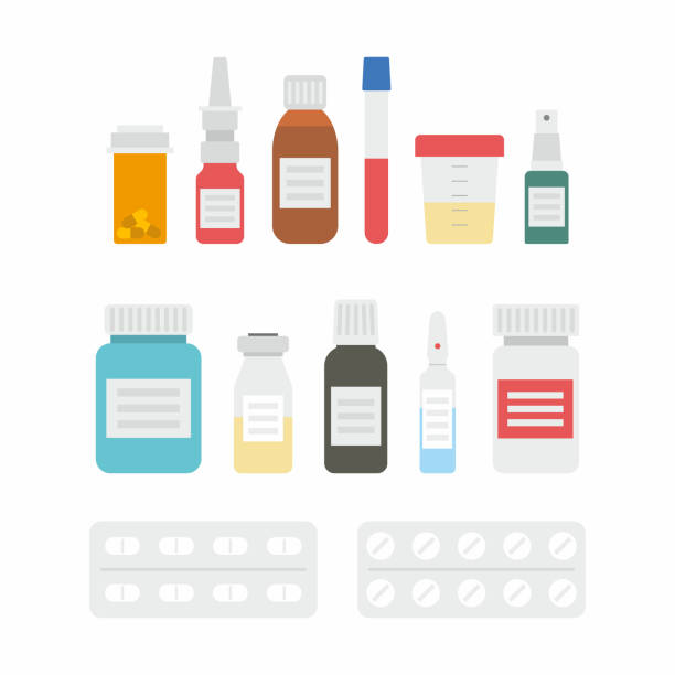 stockillustraties, clipart, cartoons en iconen met geneeskunde flessen collectie - pillenpotje