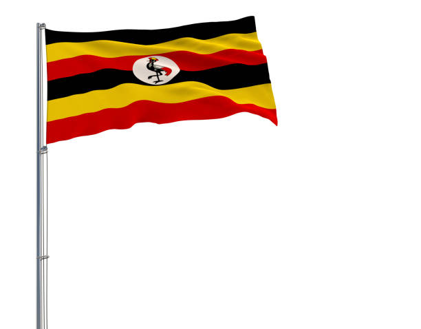 Isolate flag of Uganda on a flagpole fluttering in the wind on a white background, 3d rendering