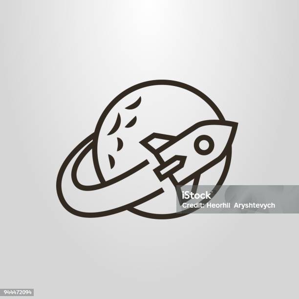 Simple Linear Icon Of A Space Rocket Flying Around The Planet Stock Illustration - Download Image Now