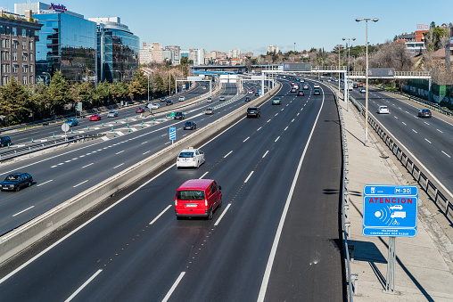 Madrid, Spain - January 21, 2018: Speed control radar in M30 motorway in Madrid