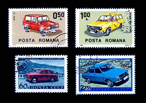 istock Old cars on postage stamps Soviet 94447470