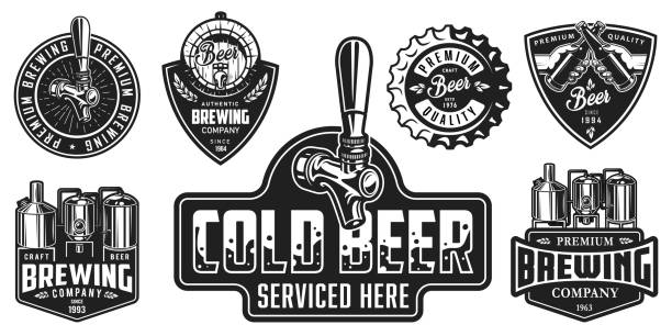 Set of beer badges Set of badges with beer equipment in monochrome style. Vector illustration. brewery stock illustrations