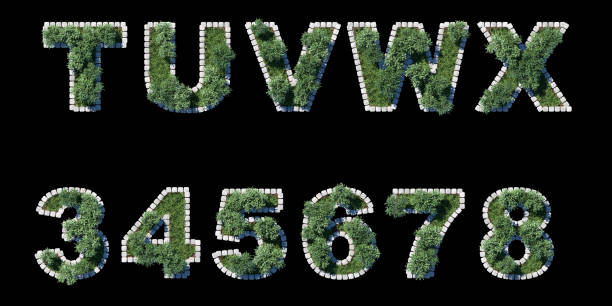 trees and grass font with grey cubing border on black. letters collection