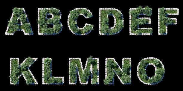 istock trees and grass font with grey cubing border on black. letters collection 944478106