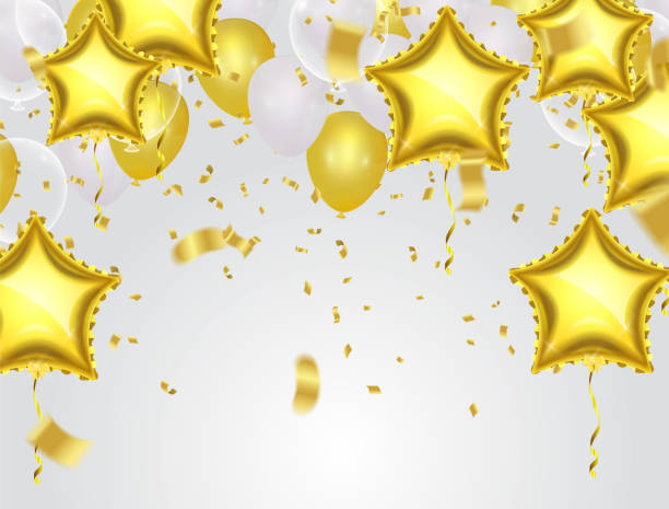 złoty balon gwiazdy na tle - balloon helium balloon mylar star shape stock illustrations