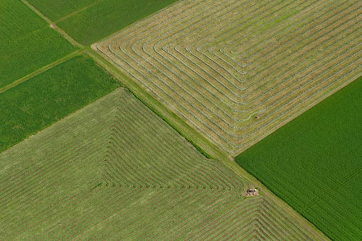 Drone view of agricultural fields. Beautiful aerial landscape.