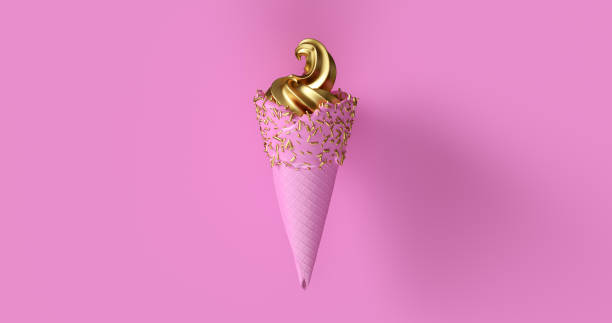 rosa eis mit blattgold eis und gold streusel 3d illustration - champagne pink strawberry champaigne stock-fotos und bilder