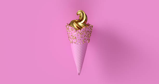 gelato rosa con foglia d'oro gelato e oro sprinkles illustrazione 3d - champagne pink strawberry champaigne foto e immagini stock