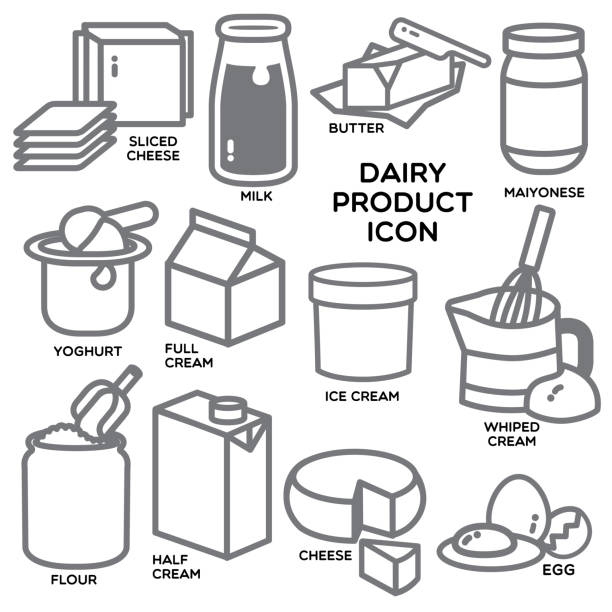 ilustraciones, imágenes clip art, dibujos animados e iconos de stock de icono de productos lácteos - wire whisk symbol computer icon spatula