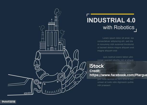 Industrial 40 With Robot Concept Robotic Hand Holding Factory Company And Working In Industry Vector Design For Poster Annual Report Book Cover Template Stock Illustration - Download Image Now