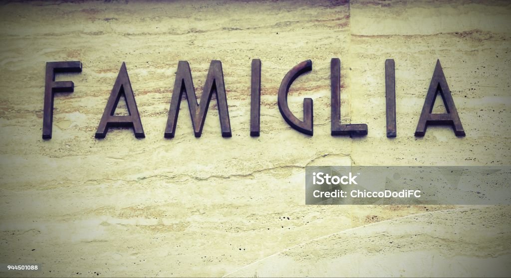 big text FAMIGLIA that means famiyl in Italy Language with copy big text FAMIGLIA that means famiyl in Italy Language with copy space and old vintage effect Concepts Stock Photo