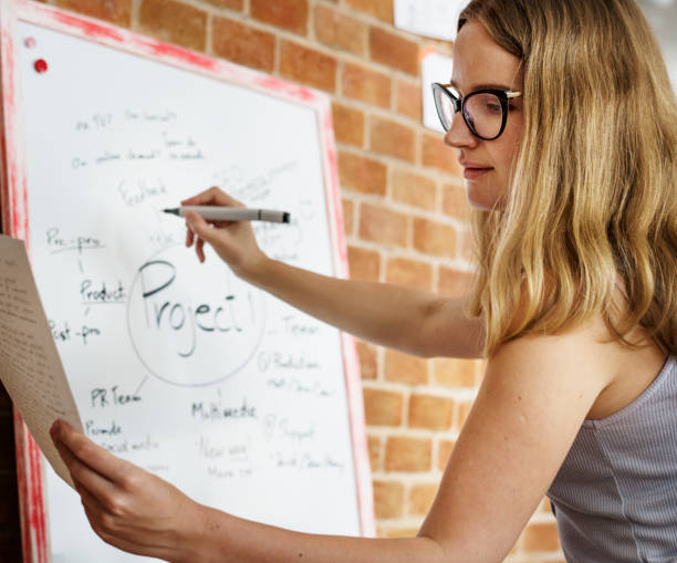 istock Caucasian woman writing project plan on white board 944501444