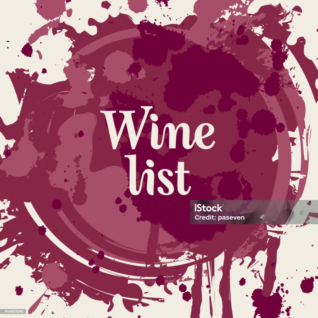 Vector wine list with spots and splashes of wine Vector wine list in the form of spots and splashes of red wine with calligraphic inscription Abstract stock vector