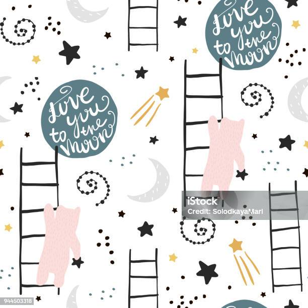 Seamless Childish Pattern With Bears Stars And Moon Creative Kids Texture For Fabric Wrapping Textile Wallpaper Apparel Vector Illustration Stock Illustration - Download Image Now