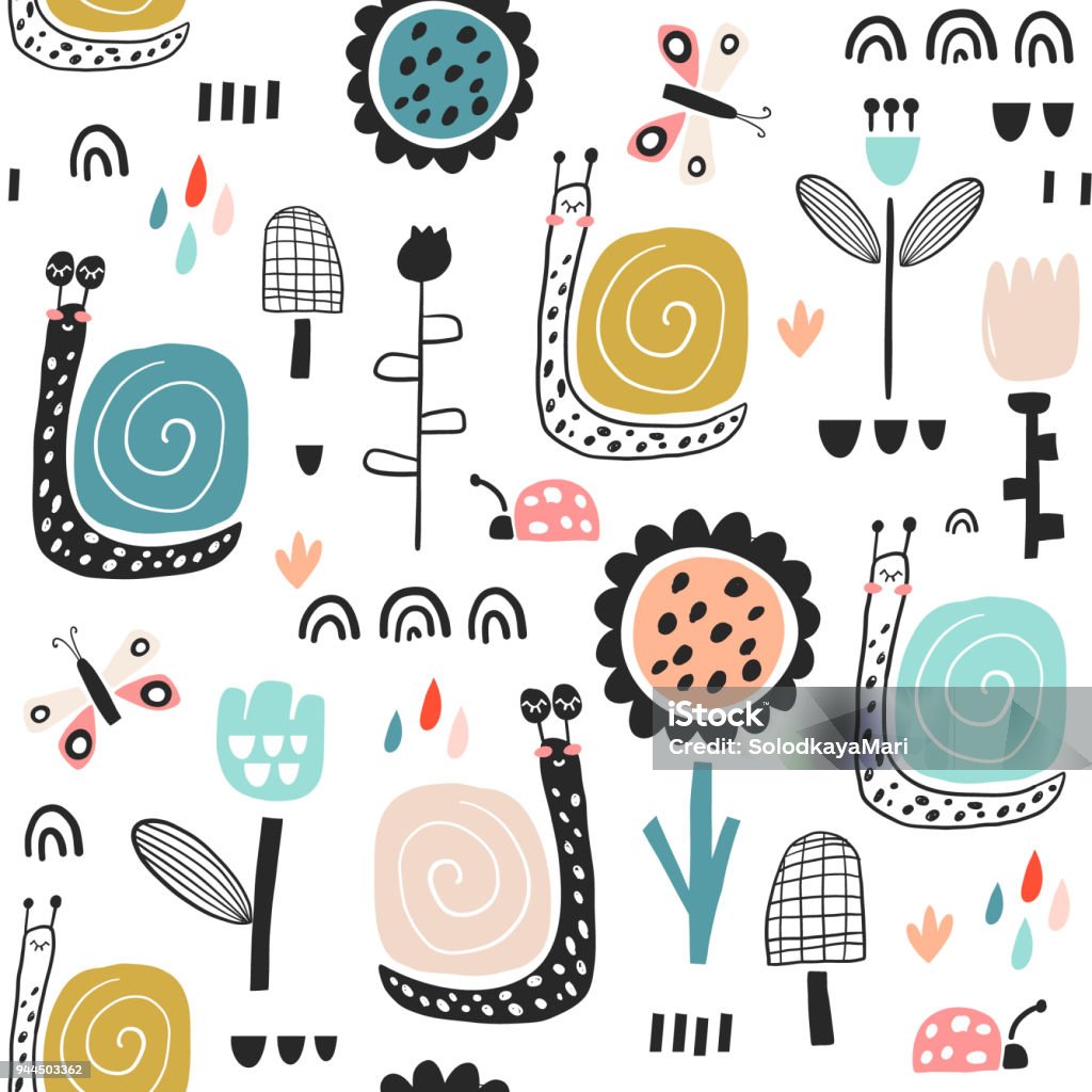 Seamless childish pattern with fairy flowers, snails, butterflies. Creative kids city texture for fabric, wrapping, textile, wallpaper, apparel. Vector illustration Snail stock vector
